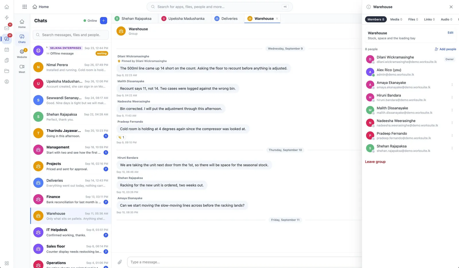 TeamChat, showing a group conversation with its members and shared files